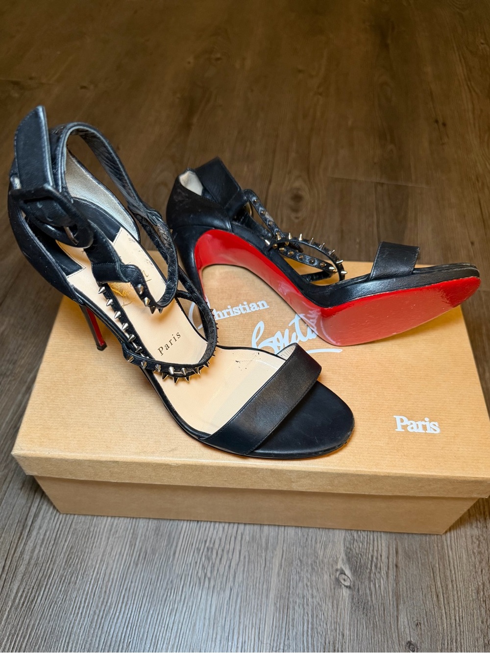 Christian Louboutin Black Leather Studded Ankle-Strap Sandals with Red Sole